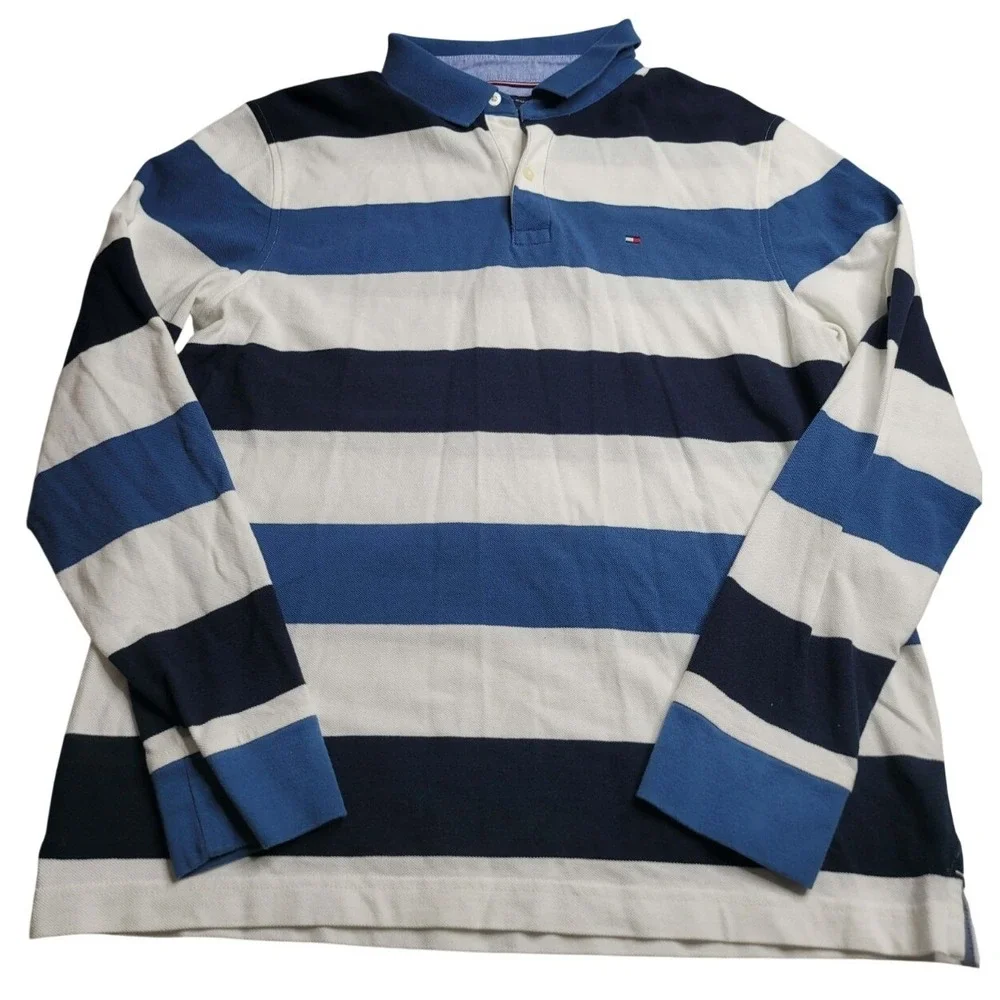 Tommy Hilfiger Long Sleeve Rugby‎ Polo Shirt Blue Stripe Men's L 100% Cotton